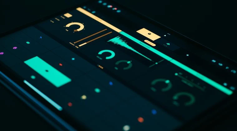 Close-up of a tablet screen displaying a sound visualizer with modern UI elements on a black background